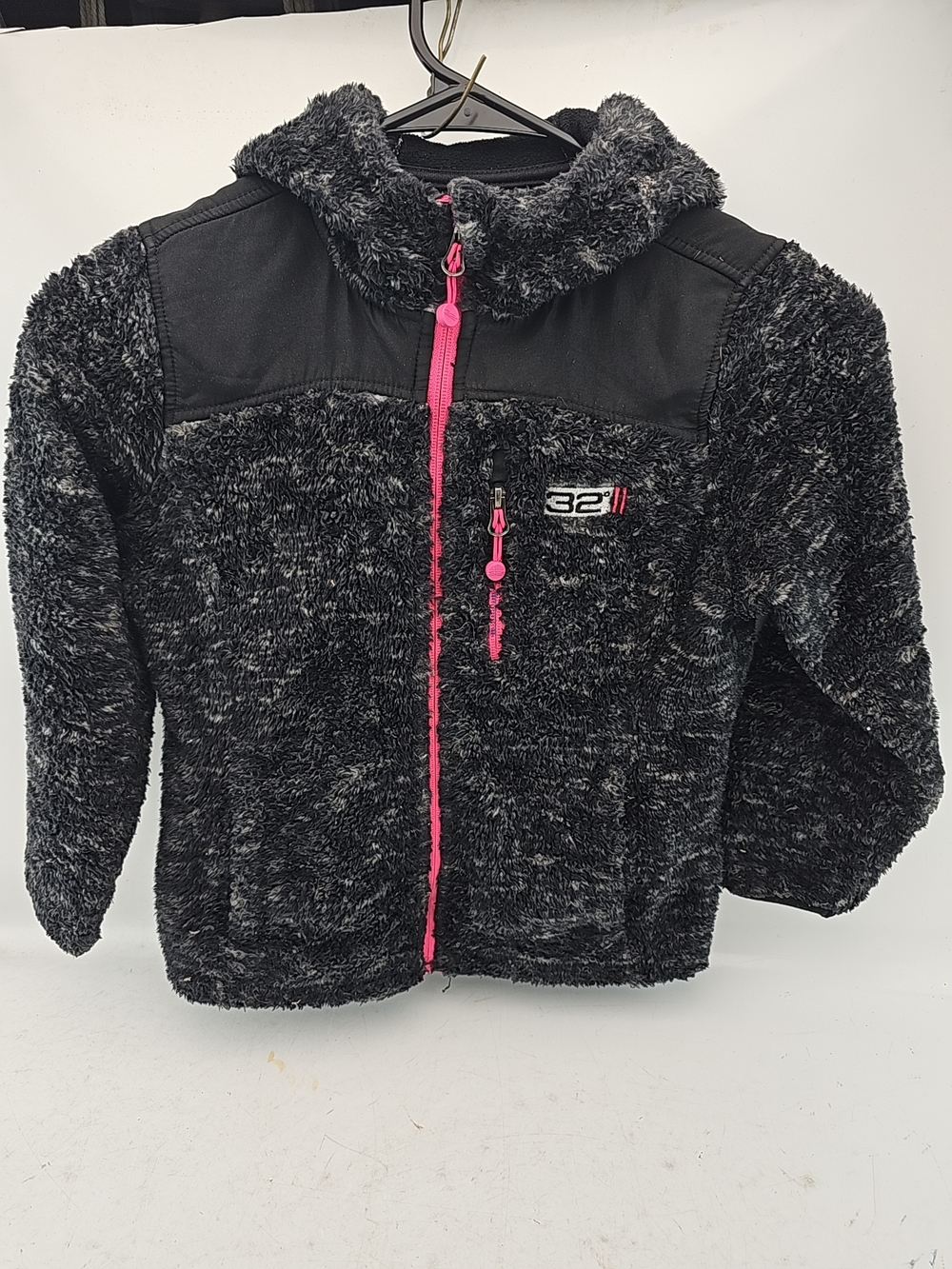 Weatherproof Kids Black Fuzzy Hooded Jacket with Pink Trim RN#74299